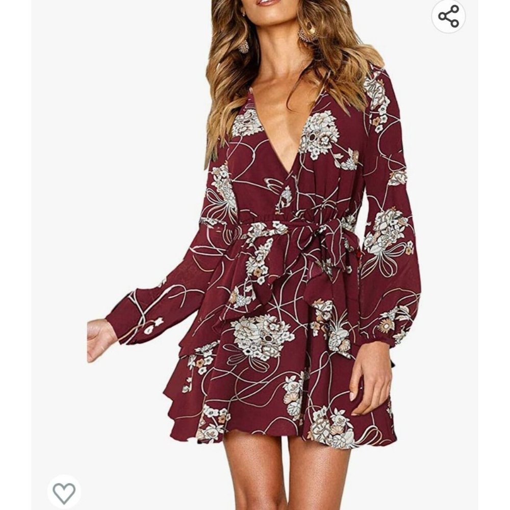 UGUEST Women Long Sleeve V Neck Dress, Floral Mini Cocktail Party Wedding Guest